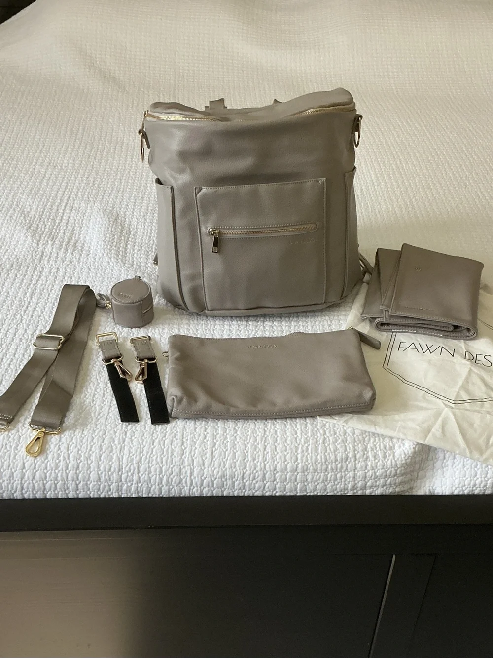Fawn Design Gray Convertible Leather Backpack Diaper Bag with Matching Pouches